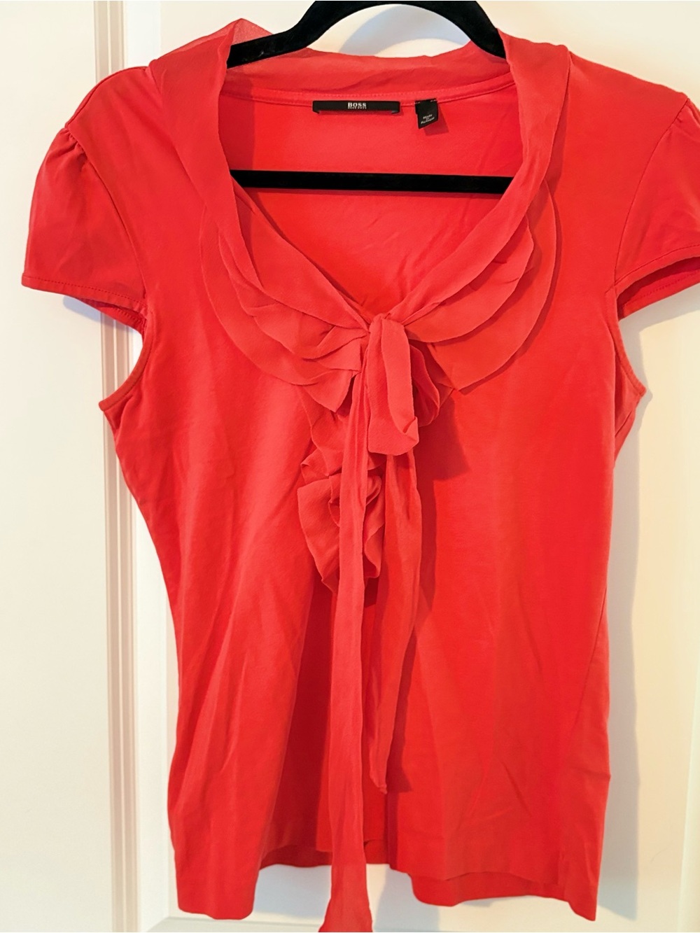 Boss Coral Red Ruffle Tie-Front Short Sleeve Blouse